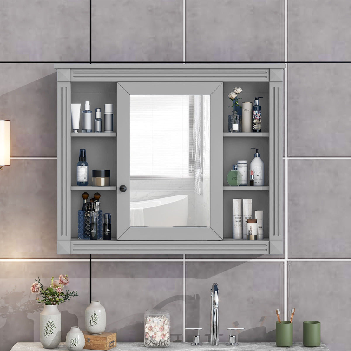 Bathroom Wall Cabinet with Mirror & Towel Rod