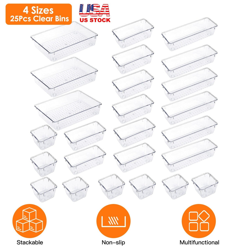 25-Piece Clear Drawer Organizer Set – 4 Sizes