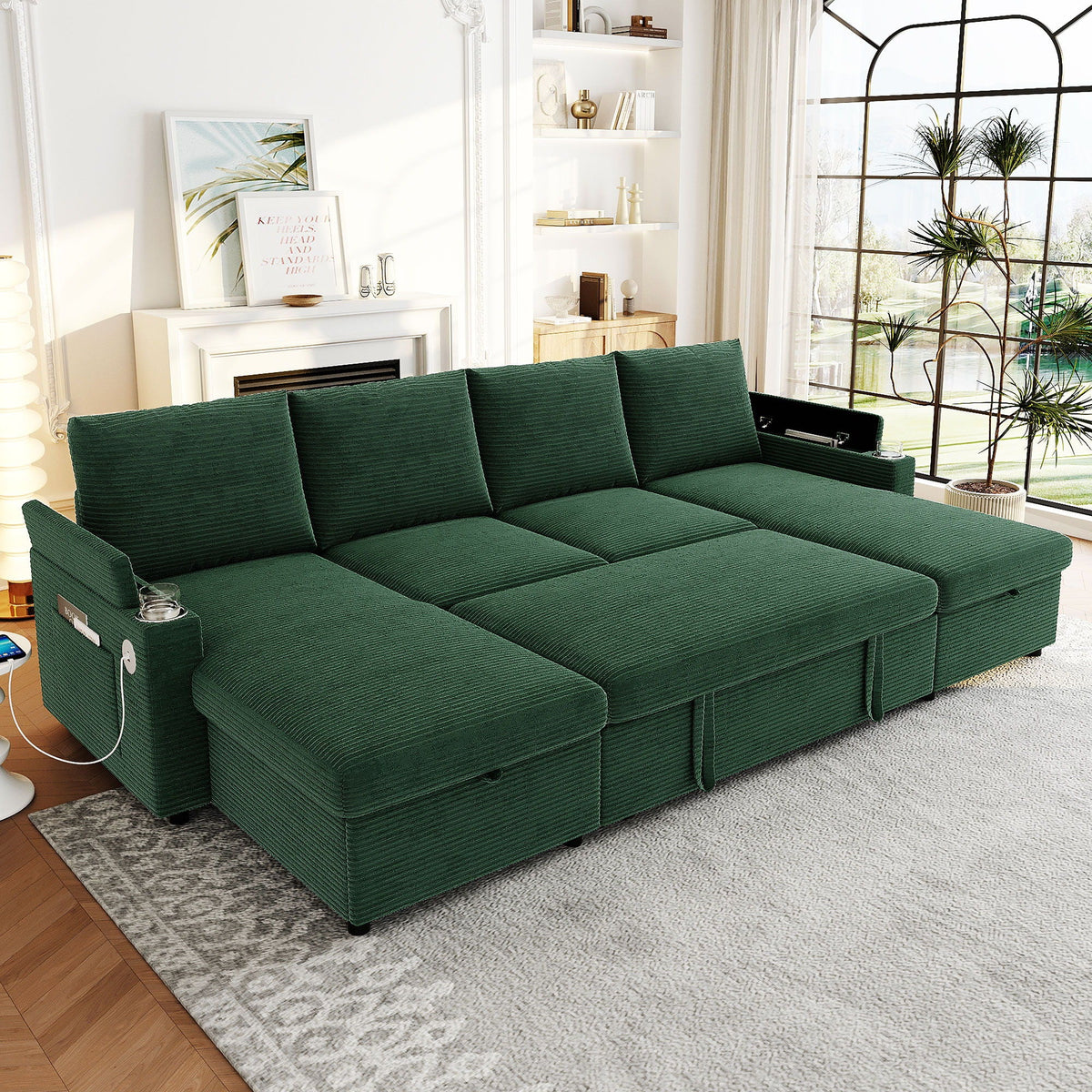 U Shaped Sectional Sofa Bed with Storage Chaise Lounges and USB Ports - Gray, Dark Green, Black