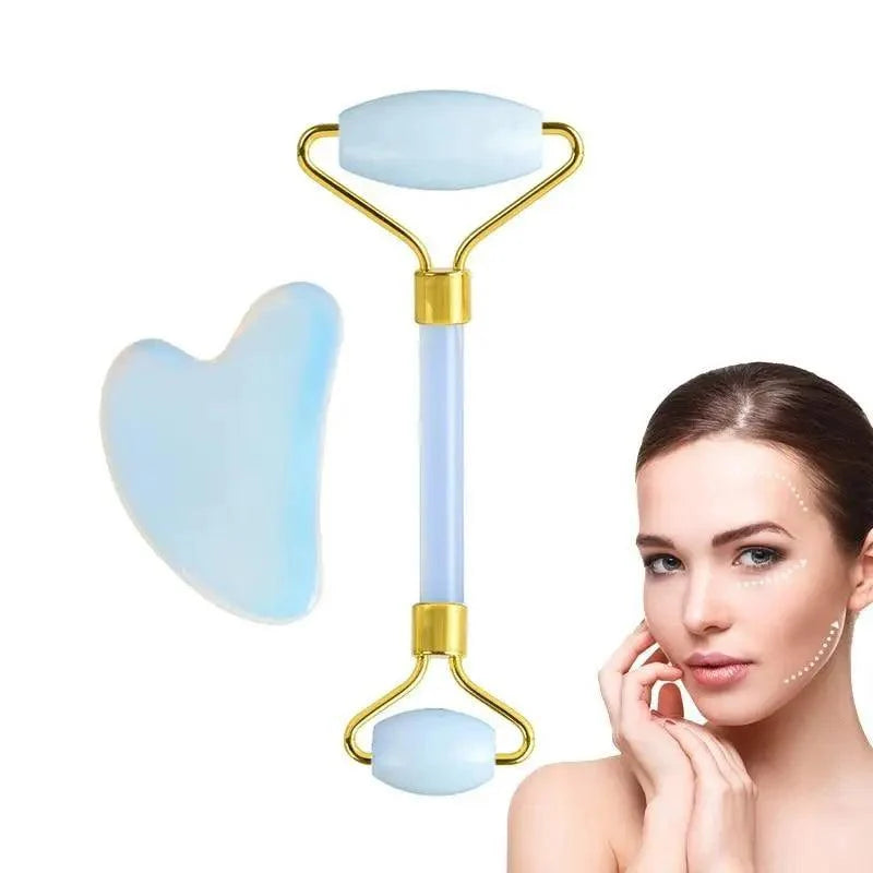100% Natural Opal Clear Blue Roller Guasha Set - Massage Beauty Tools for Skin Firming Natural Glow and Stress Relief
