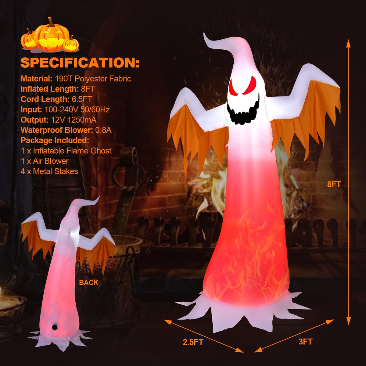 8-ft Halloween Ghost Inflatable with Flame-Effect LEDs