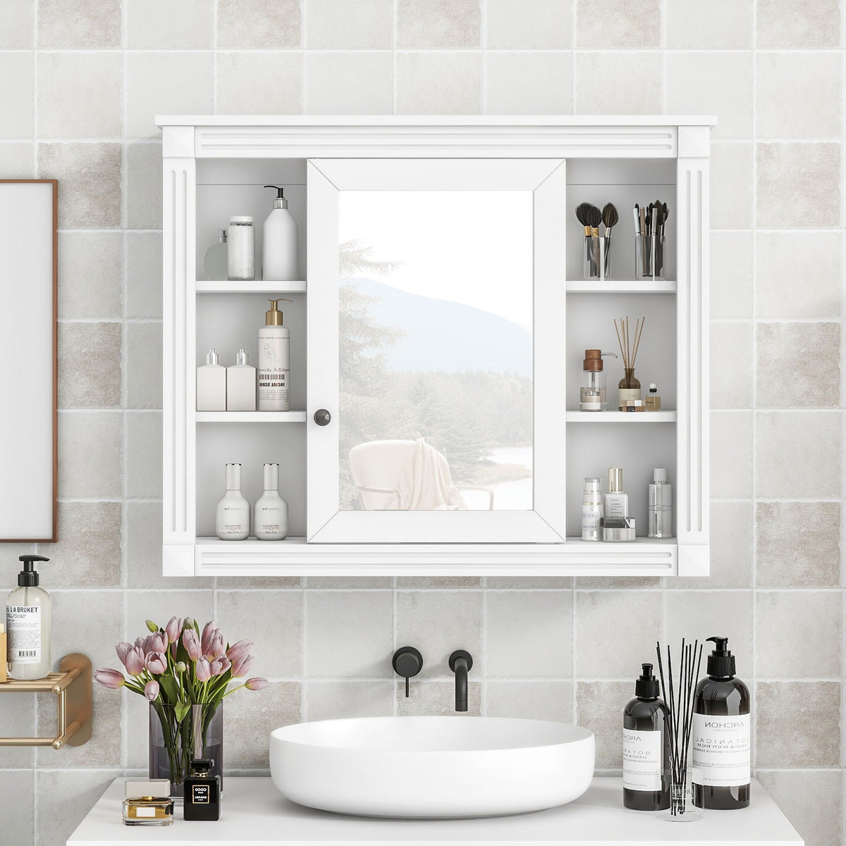 Bathroom Wall Cabinet with Mirror & Towel Rod