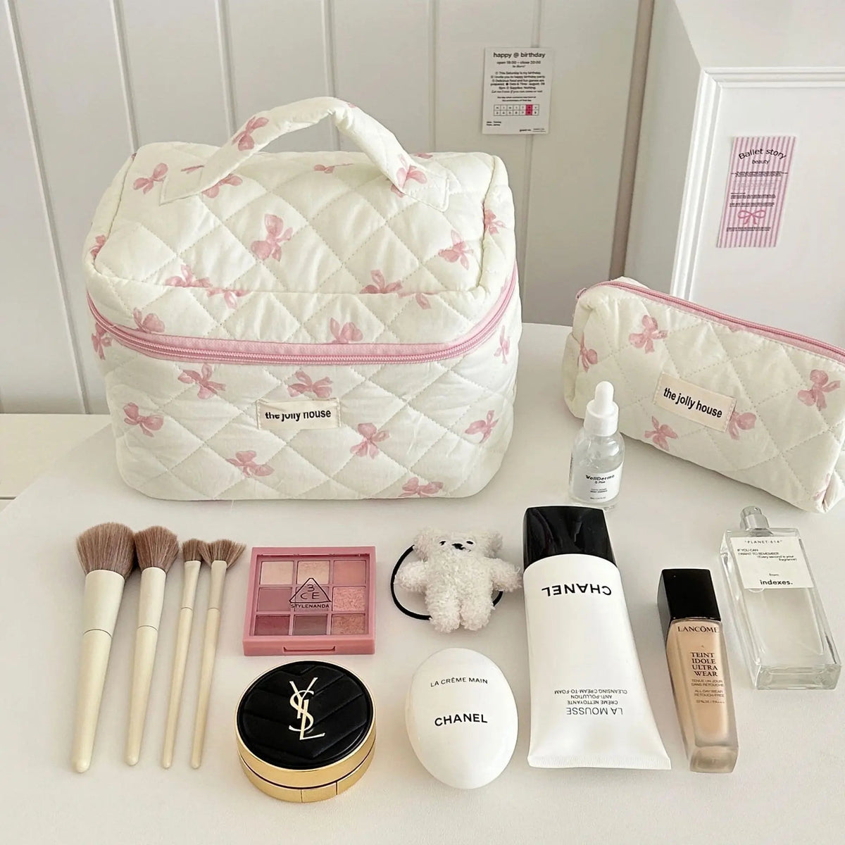 Quilted Cotton Makeup Bag with Bow – S, M or L