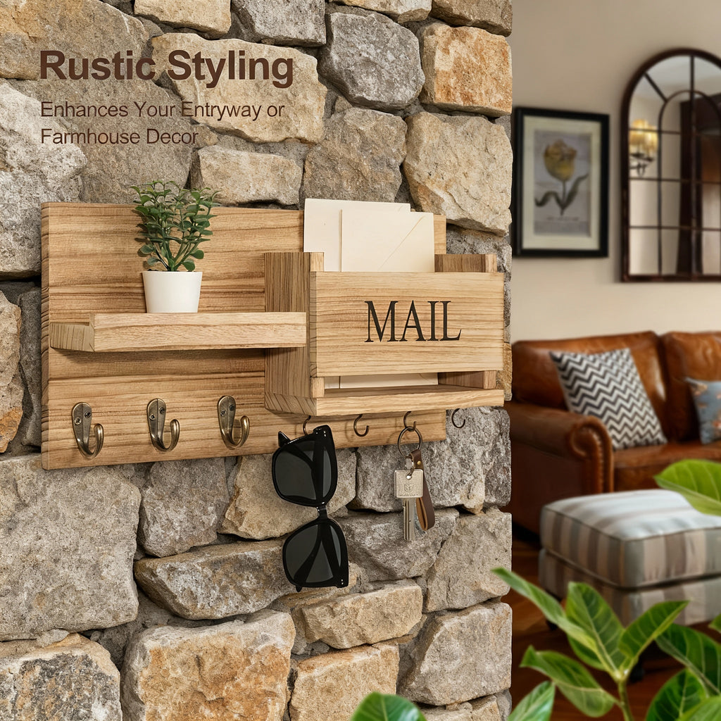 Vintage Wood Wall Organizer with Key Hooks & Mail Rack
