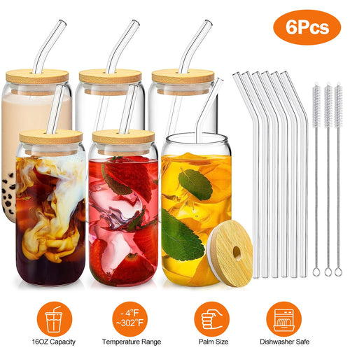 6Pcs Mason Jar Cups with Lid 16OZ