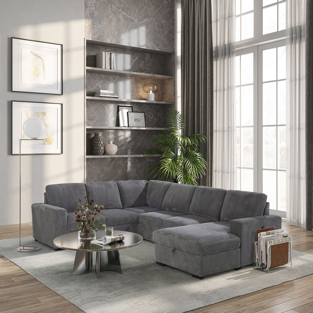 Dark Gray Sleeper Sectional Sofa with Pullout Bed - Contemporary Comfort
