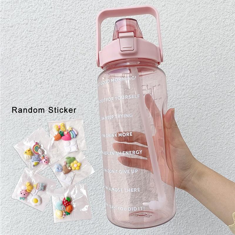 2 Liters Water Bottle Motivational Drinking Bottle Sports Water Bottle With Time Marker Stickers Portable Reusable Plastic Cups Motivational Sports Water Bottle With Time Capacity Marker BPA Free Big Large Gym Cycling Water Bottle Cup Jug For Kids School