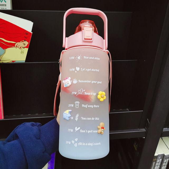 2 Liters Water Bottle Motivational Drinking Bottle Sports Water Bottle With Time Marker Stickers Portable Reusable Plastic Cups Motivational Sports Water Bottle With Time Capacity Marker BPA Free Big Large Gym Cycling Water Bottle Cup Jug For Kids School