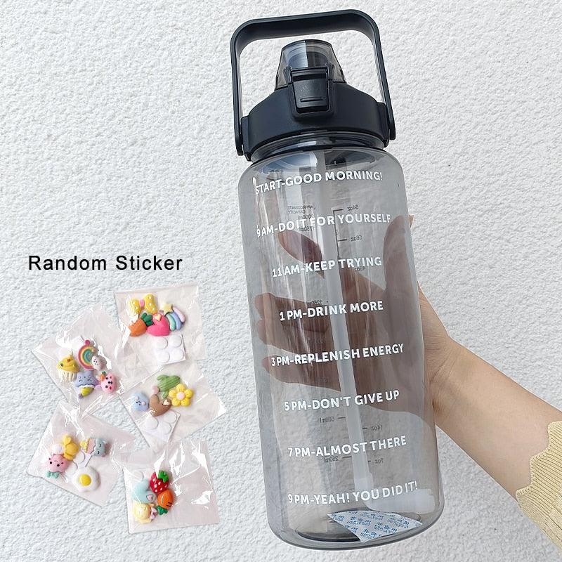 2 Liters Water Bottle Motivational Drinking Bottle Sports Water Bottle With Time Marker Stickers Portable Reusable Plastic Cups Motivational Sports Water Bottle With Time Capacity Marker BPA Free Big Large Gym Cycling Water Bottle Cup Jug For Kids School