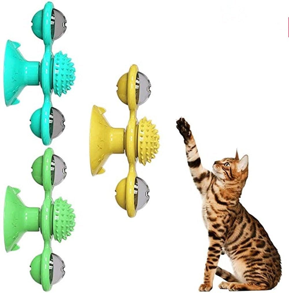 Interactive Cat Windmill Toy with Grooming Brush