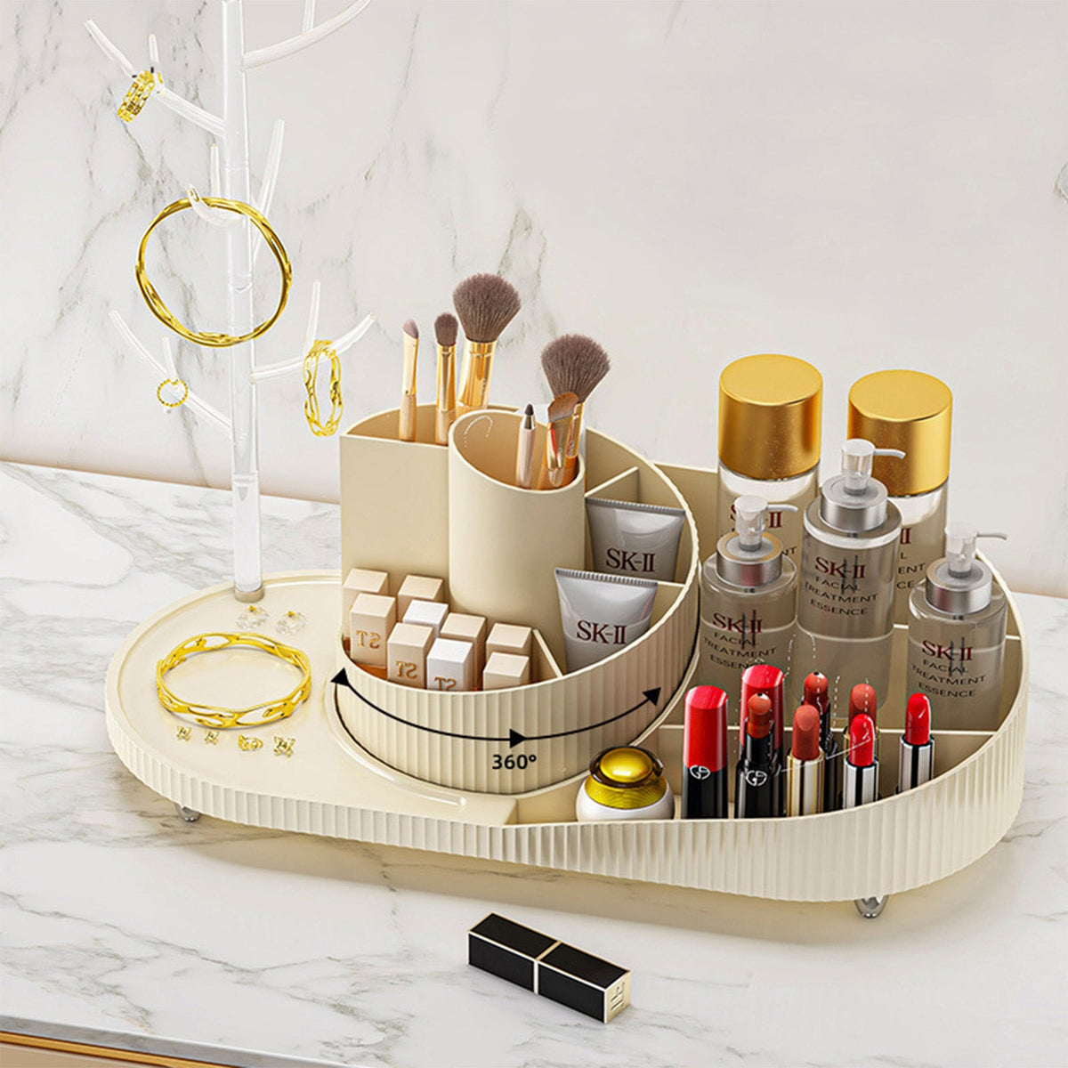 Rotating Makeup Organizer – Large-Capacity Cosmetic Display Case for Brushes, Lipsticks and Skincare, 360° Spinning Vanity Organizer