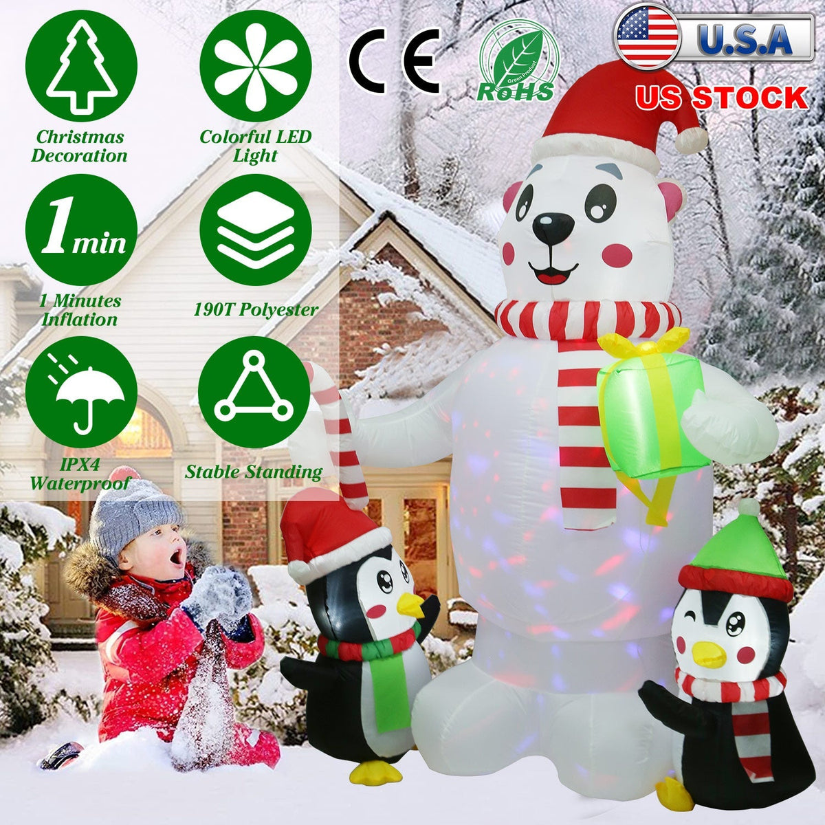 Polar Bear & Penguin Christmas Inflatable, 5.9 ft