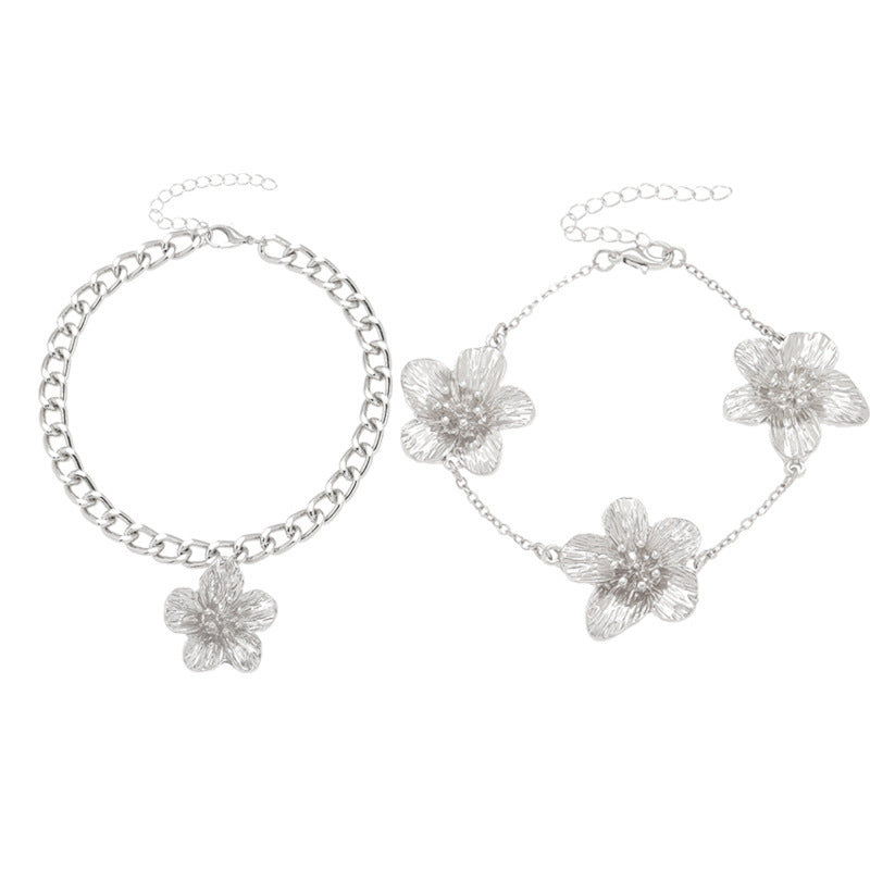 European And American Cross-Border Jewelry Pleated Texture Design Flower Earrings Necklace Bracelet Anklet Ring Bracelet Set For Women
