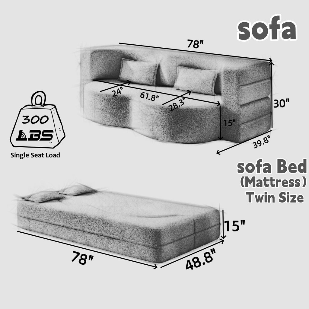 Modern Floor Sleeper Sofa Bed with 2 Pillows - Convertible Twin Size Folding Futon
