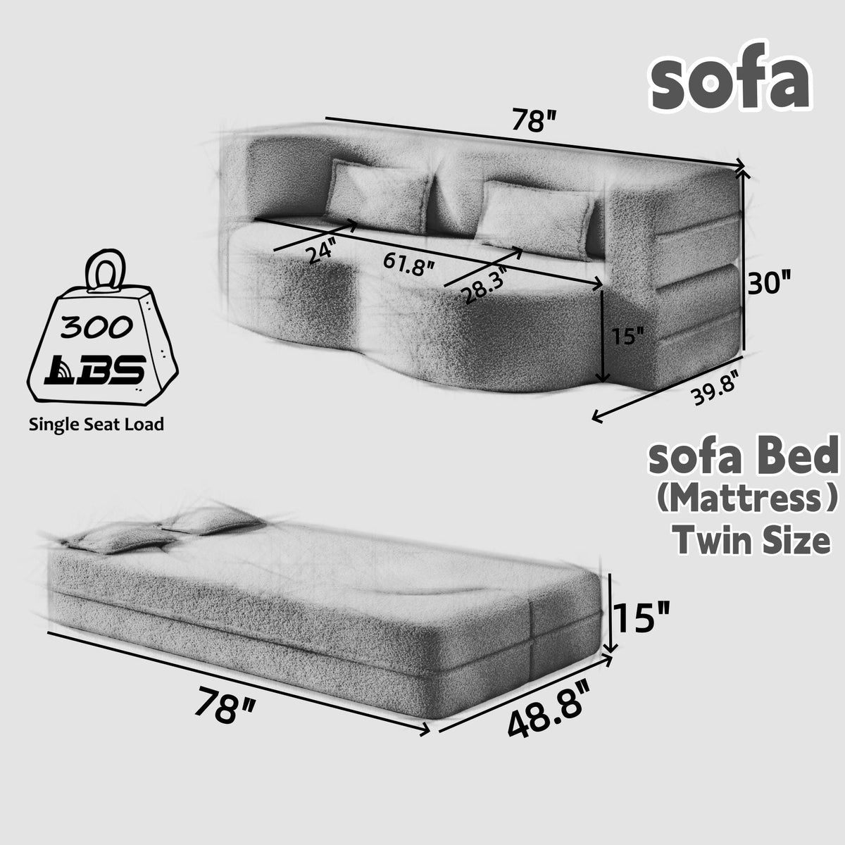 Modern Floor Sleeper Sofa Bed with 2 Pillows - Convertible Twin Size Folding Futon