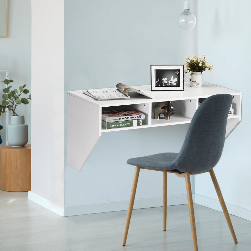 Wall-Mounted Floating Desk with Storage Shelf – White