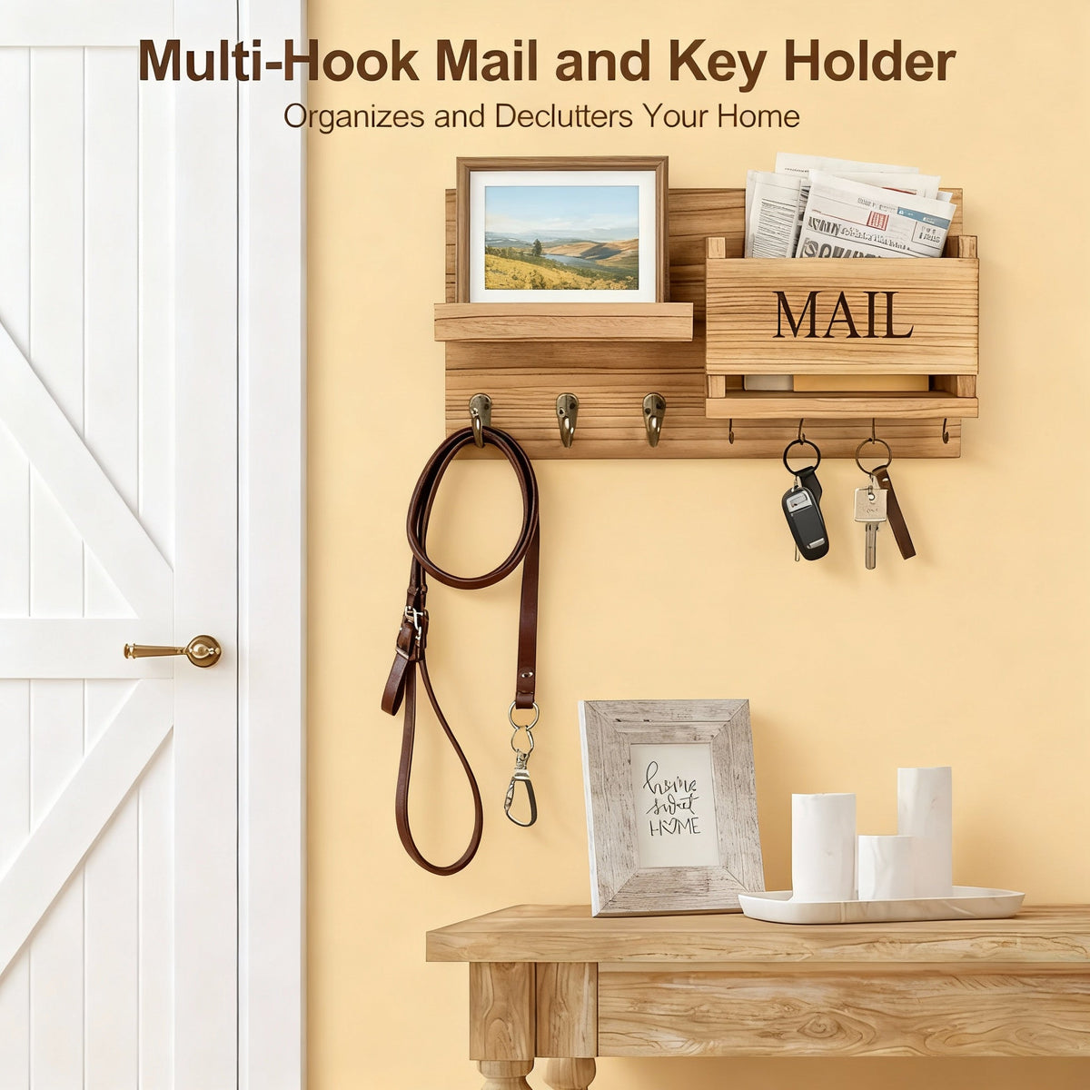 Vintage Wood Wall Organizer with Key Hooks & Mail Rack
