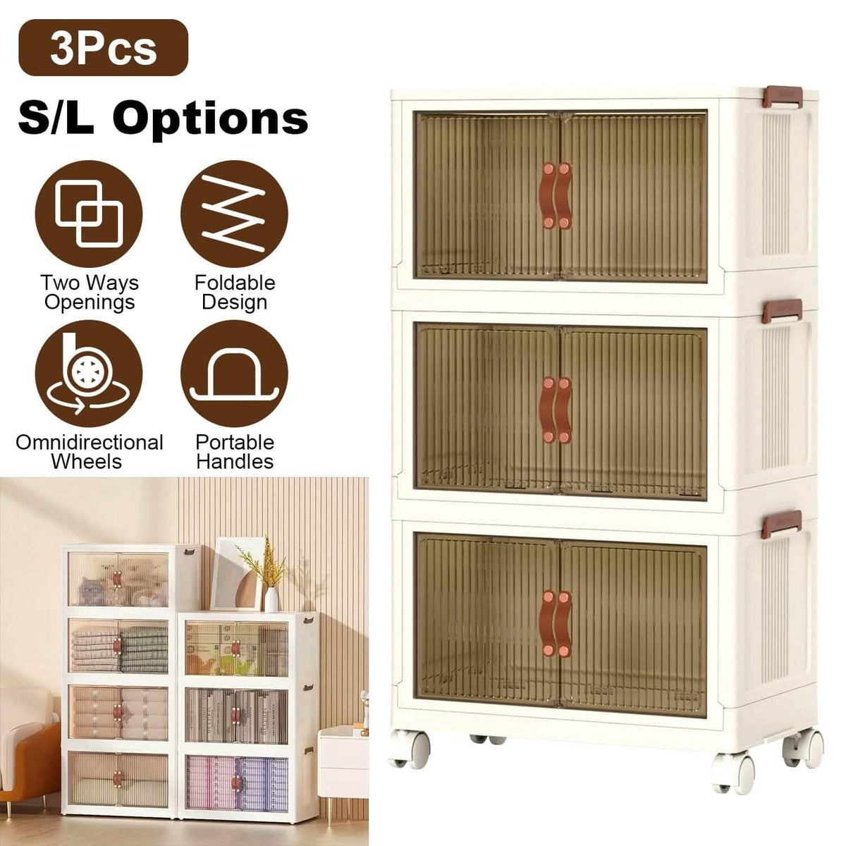 3-Piece Foldable Storage Bin Set with Front Doors