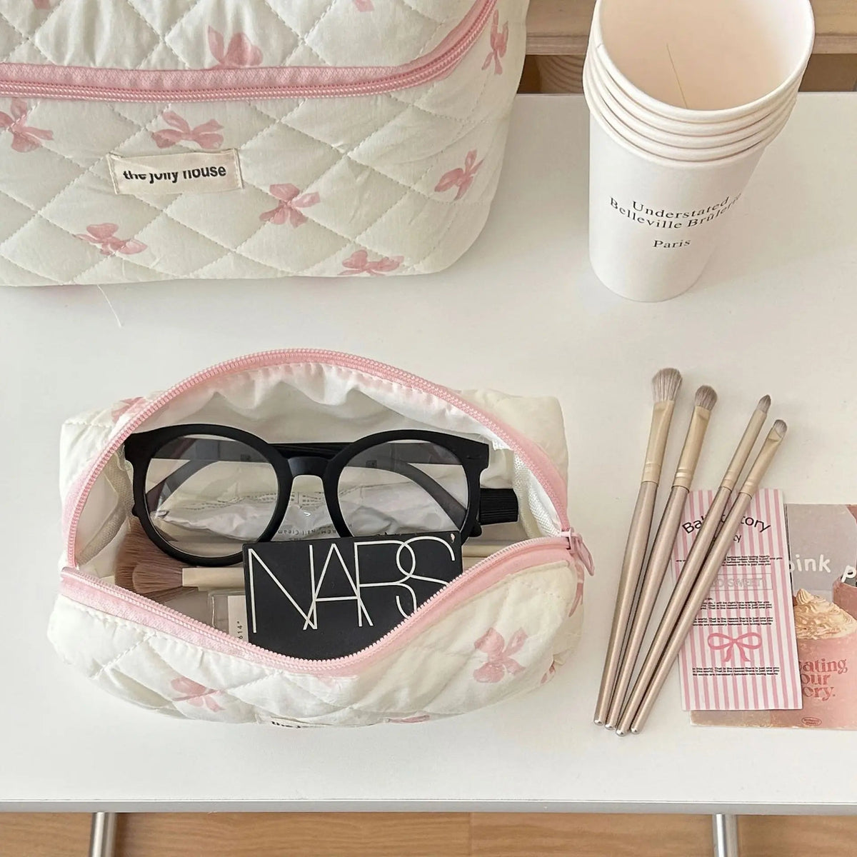 Quilted Cotton Makeup Bag with Bow – S, M or L