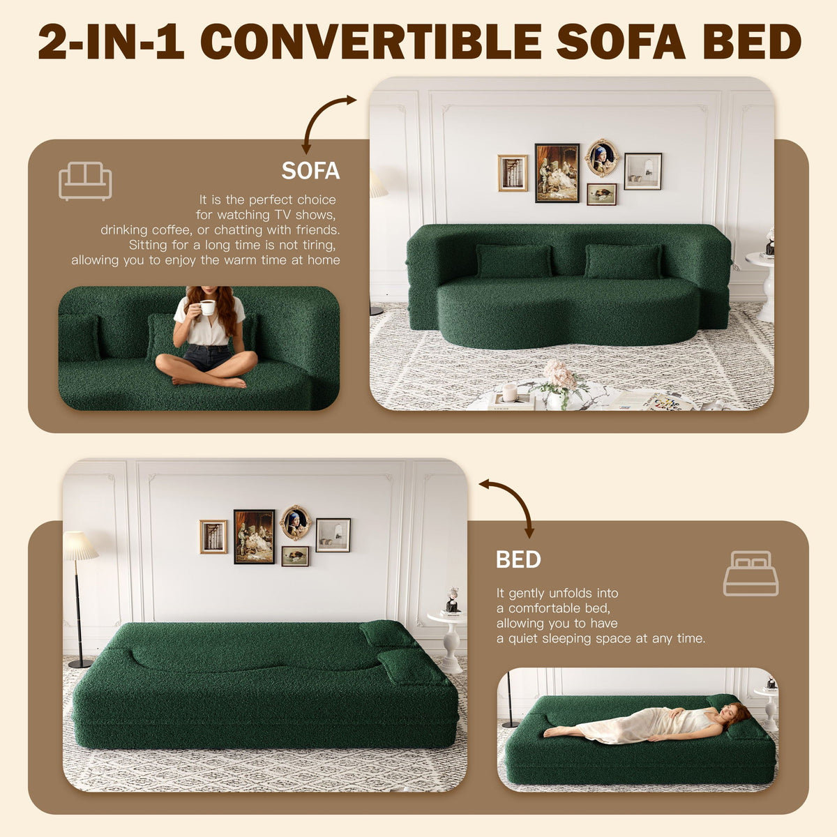 Modern Floor Sleeper Sofa Bed with 2 Pillows - Convertible Twin Size Folding Futon