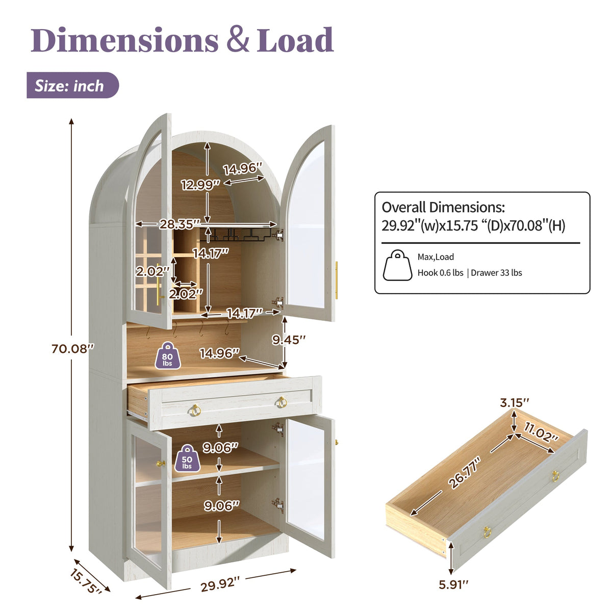 70" Tall Arched Bar Cabinet with Wine Storage and Adjustable Shelf - MDF & Metal
