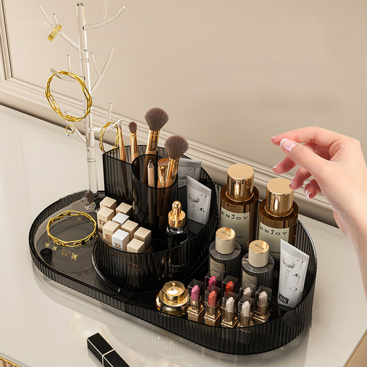 Rotating Makeup Organizer – Large-Capacity Cosmetic Display Case for Brushes, Lipsticks and Skincare, 360° Spinning Vanity Organizer