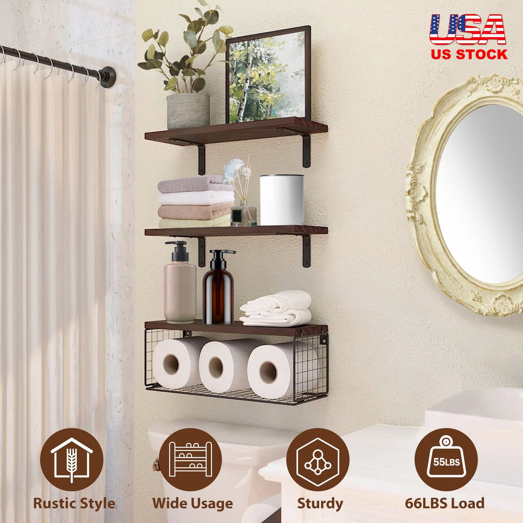 2 In 1 Floating Shelves Wall Mounted with Storage Basket Bathroom Shelves Over Toilet Wooden Shelves for Bedroom Living Room Kitchen Office Wall Decor