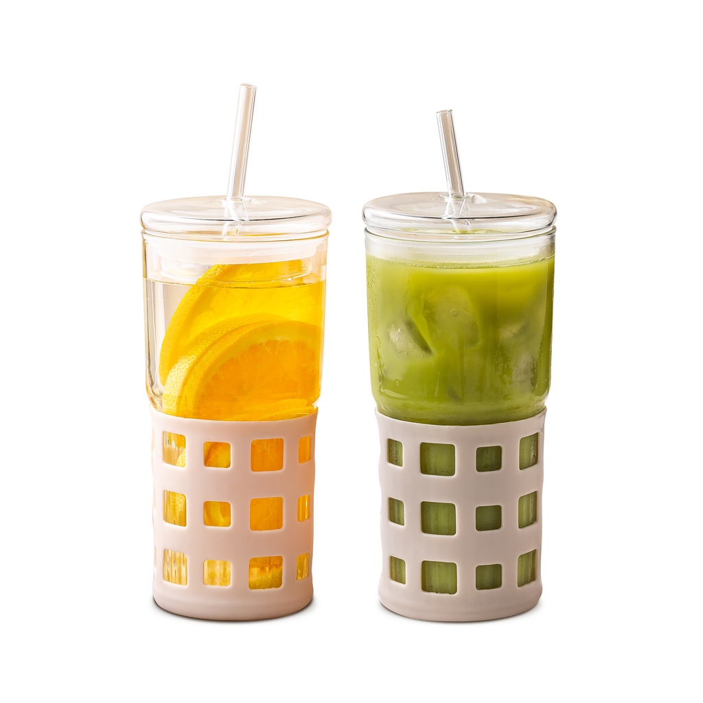 All Glass Juice Tumblers with Lid 20 oz 2 Pack