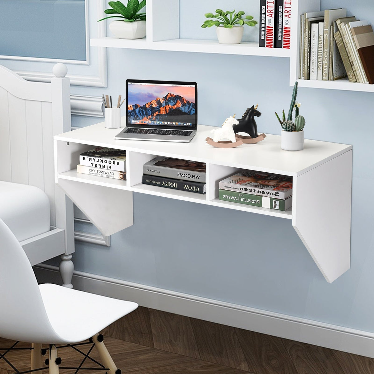 Wall-Mounted Floating Desk with Storage Shelf – White