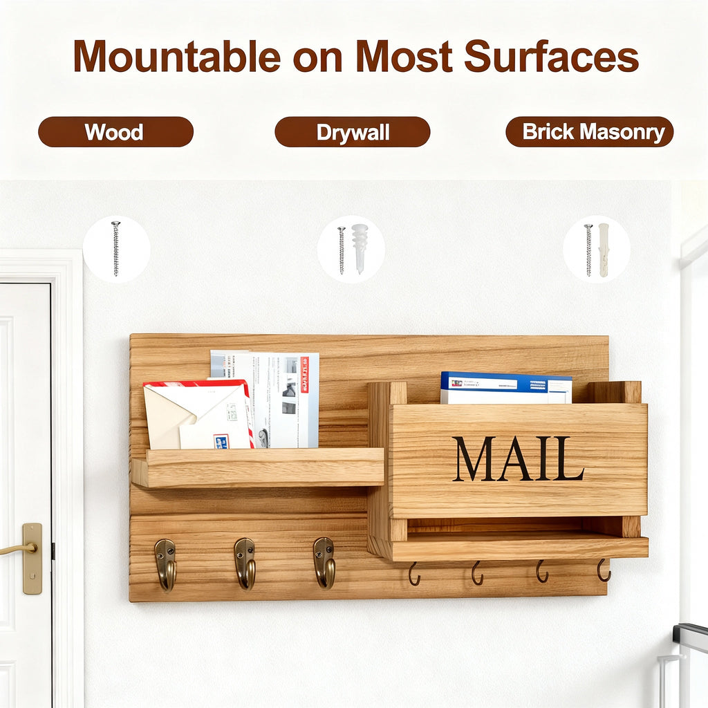 Vintage Wood Wall Organizer with Key Hooks & Mail Rack