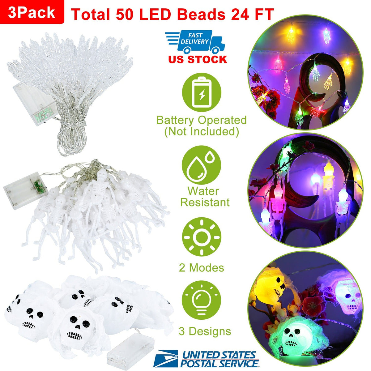 Halloween String Lights, 3-Piece Set, 50 LEDs