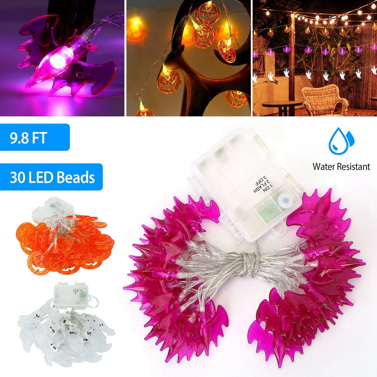 Halloween Ghost String Lights, 30 LEDs, 9.8 ft