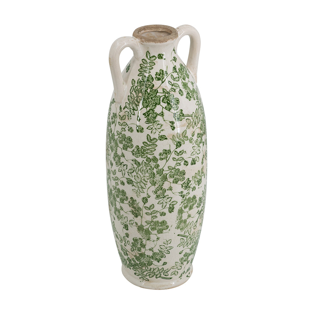 White Ceramic Flower Vase with Green Floral Pattern and Handles - White + Green