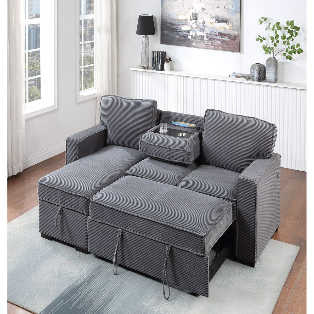 Dark Gray Pull-Out Sleeper Sectional with Cup Holders