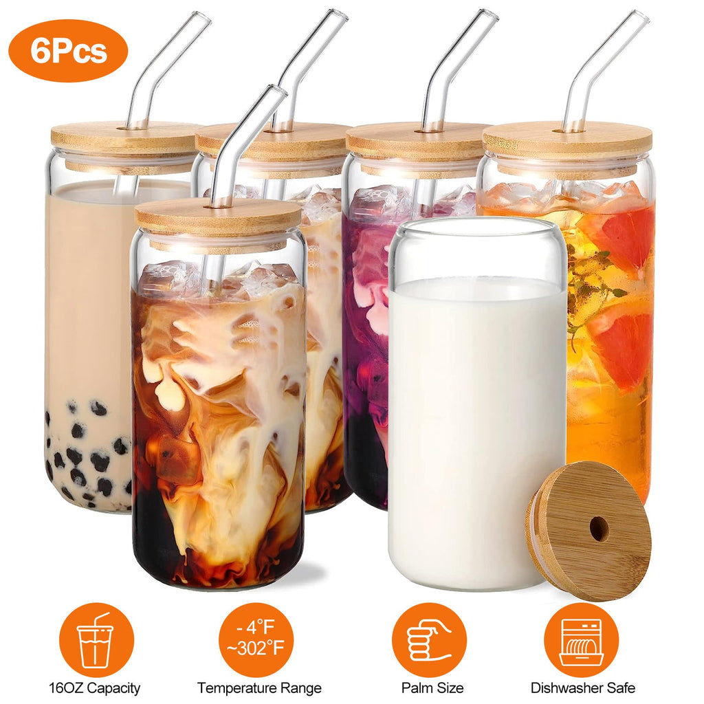 6Pcs Mason Jar Cups with Lid 16OZ