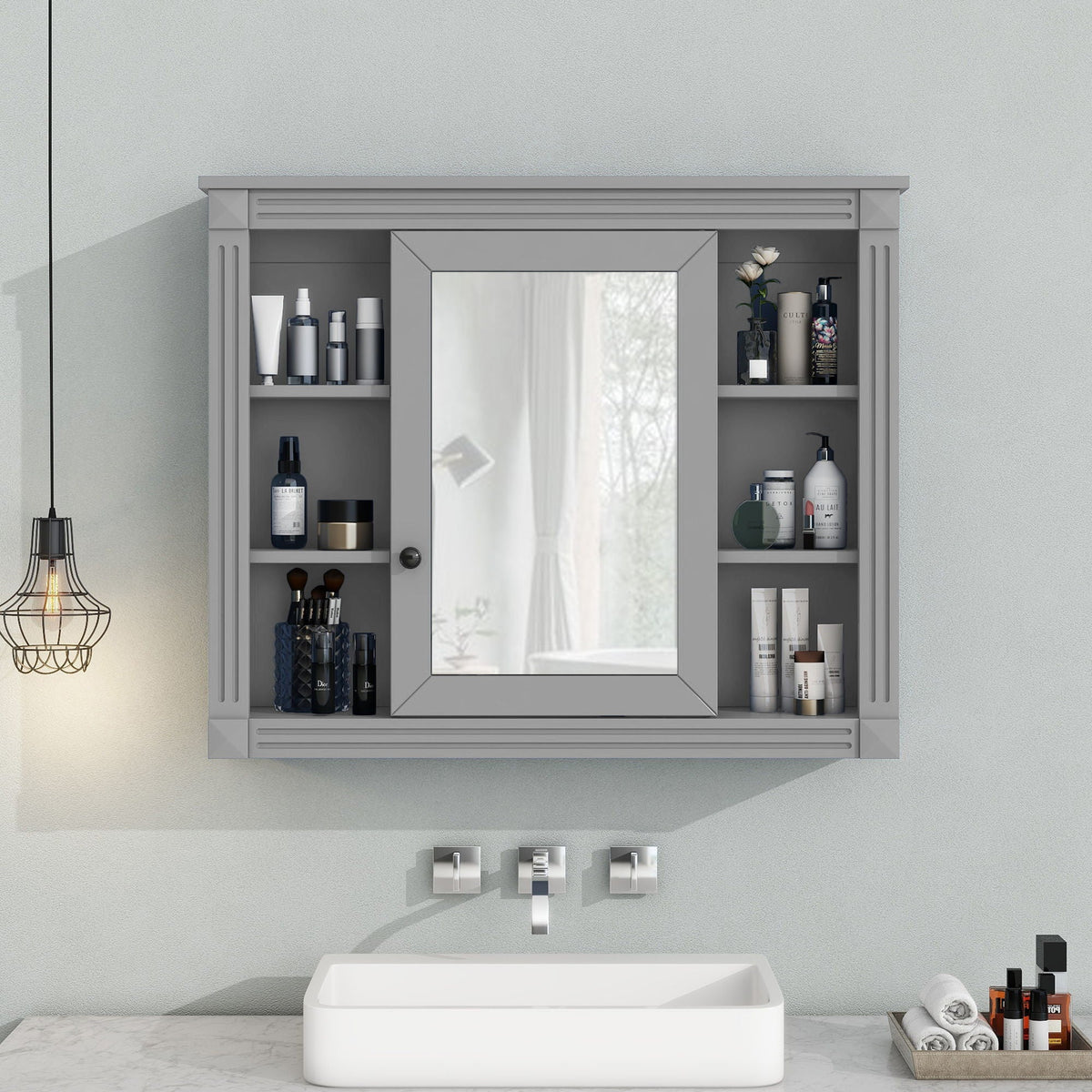 Bathroom Wall Cabinet with Mirror & Towel Rod