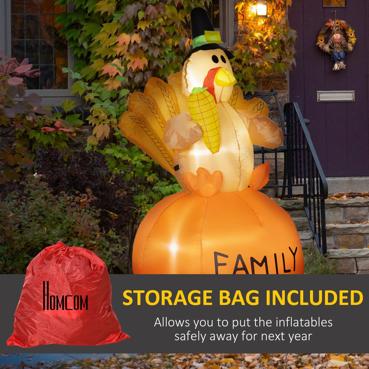 HOMCOM Light-Up Thanksgiving Turkey Inflatable, 4.9 ft