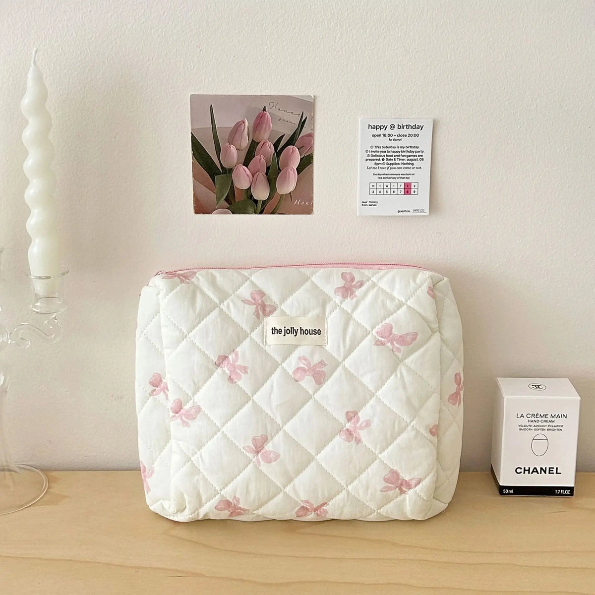 Quilted Cotton Makeup Bag with Bow – S, M or L