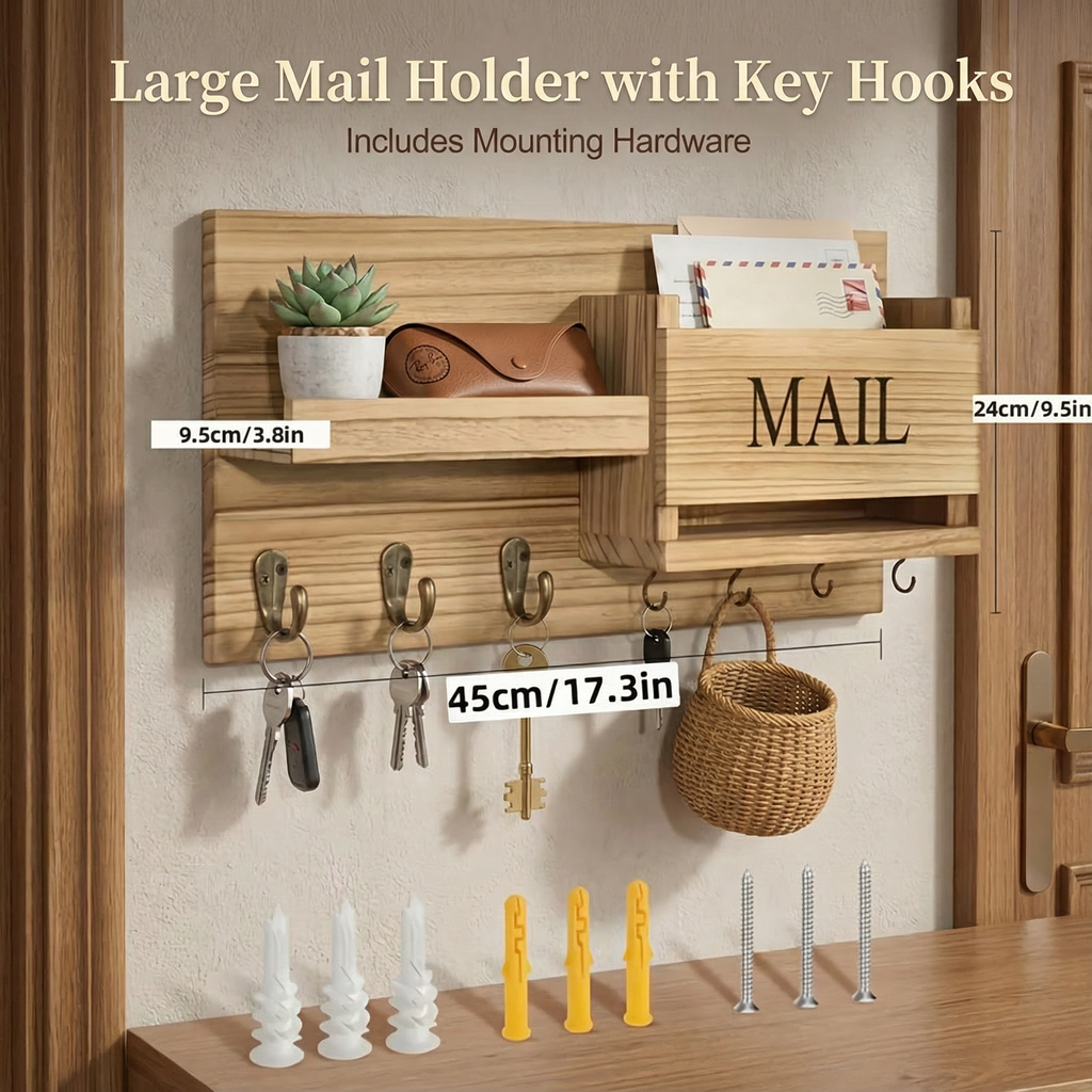 Vintage Wood Wall Organizer with Key Hooks & Mail Rack