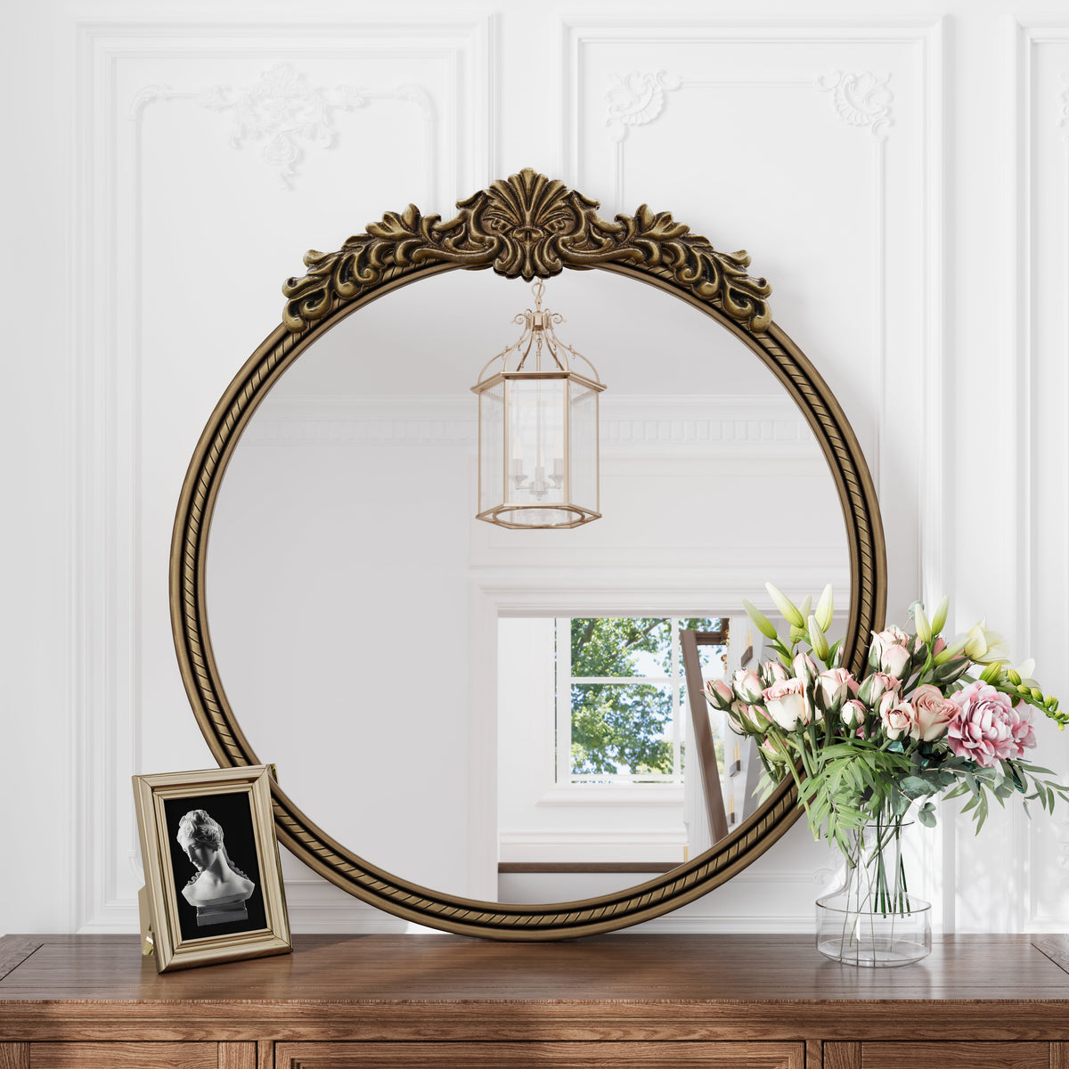 33.27" Round Vintage Relief Mirror Wall Hanging Elegant Decorative Mirror for Home Decor Retro Beautiful Design,Perfect for Living Room Bedroom and Hallway mirror,vintage