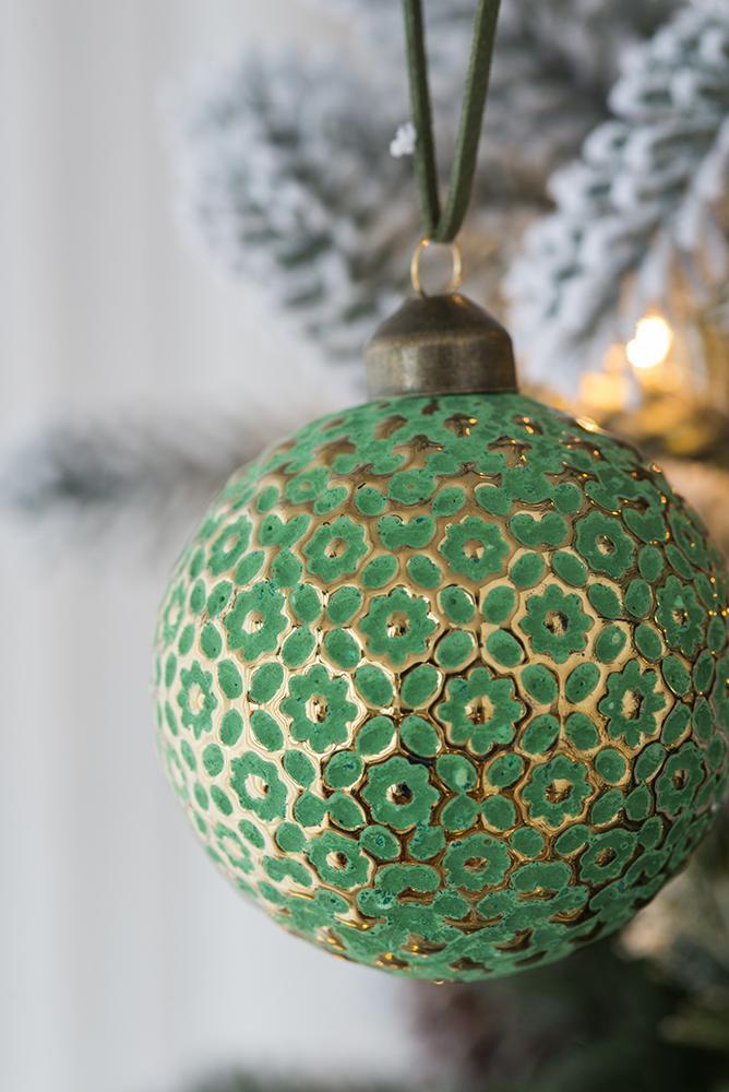 Green Glass Christmas Ball Ornaments — Set of 12