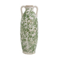 White Ceramic Flower Vase with Green Floral Pattern and Handles - White + Green