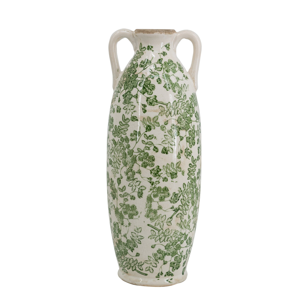 White Ceramic Flower Vase with Green Floral Pattern and Handles - White + Green