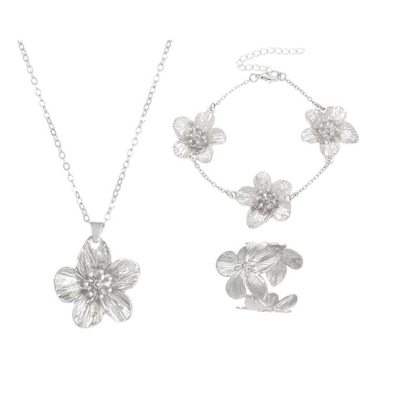European And American Cross-Border Jewelry Pleated Texture Design Flower Earrings Necklace Bracelet Anklet Ring Bracelet Set For Women