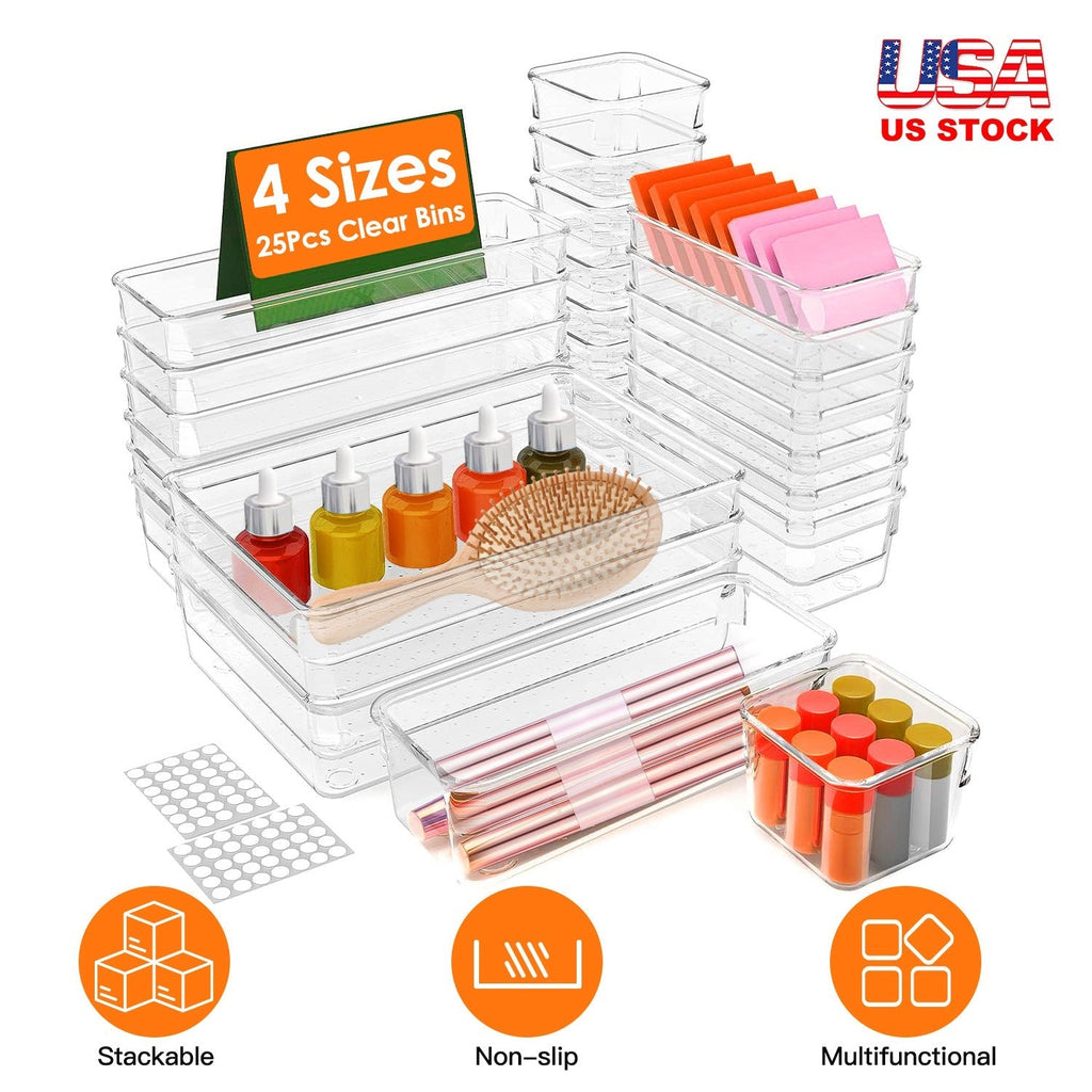 25-Piece Clear Drawer Organizer Set – 4 Sizes