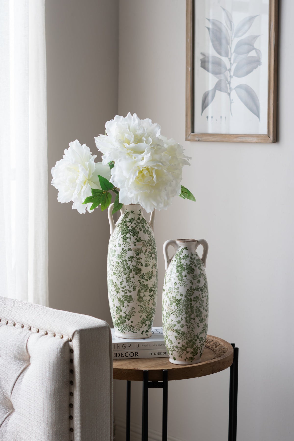 White Ceramic Flower Vase with Green Floral Pattern and Handles - White + Green