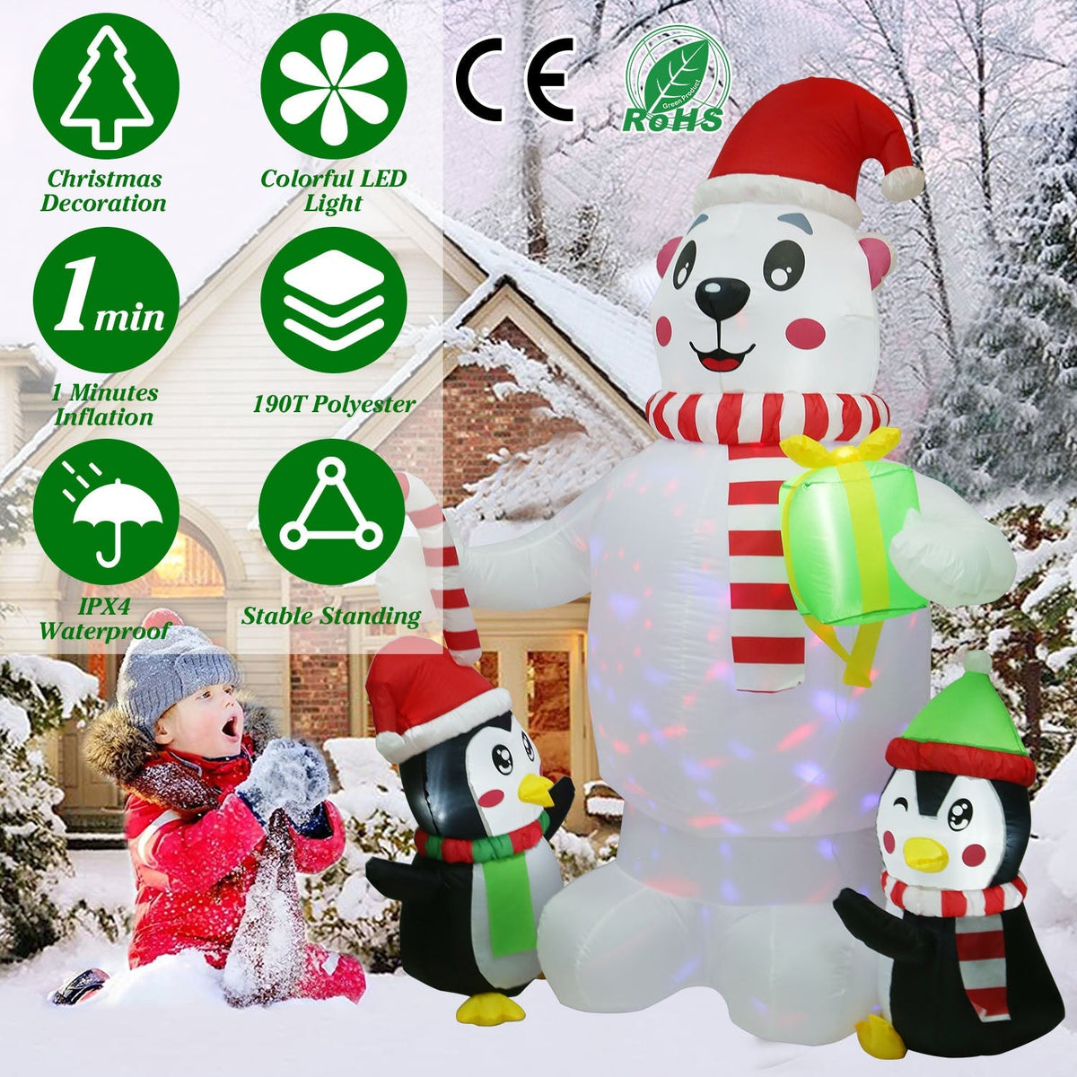 Polar Bear & Penguin Christmas Inflatable, 5.9 ft