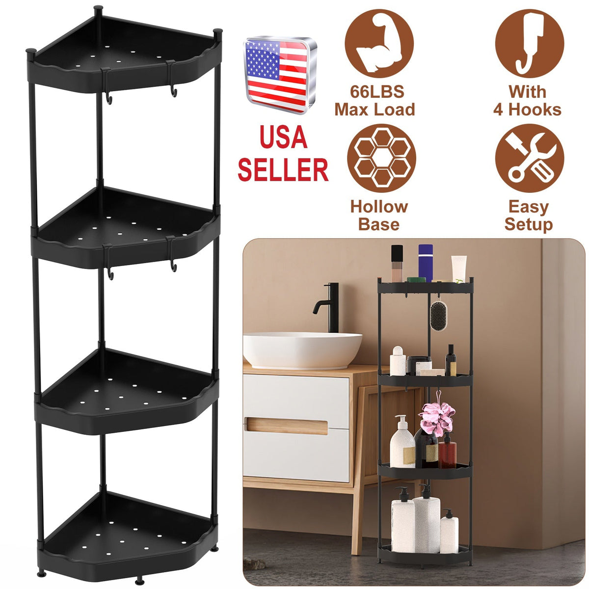 4-Tier Corner Shower Caddy with Hooks