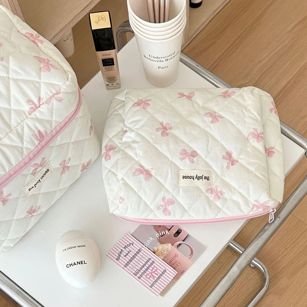 Quilted Cotton Makeup Bag with Bow – S, M or L