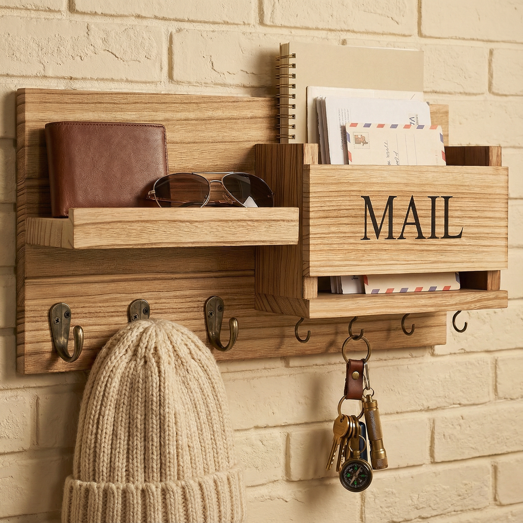 Vintage Wood Wall Organizer with Key Hooks & Mail Rack